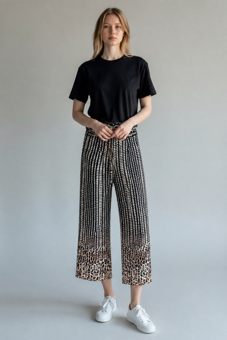 John Paul Richard  Black and Tan Wide Leg Tie-Waist Cropped Pants (M)